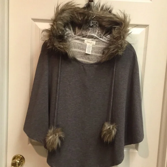 Taupe Poncho with Faux Fur Trim & Pom Poms - Picture 8 of 8